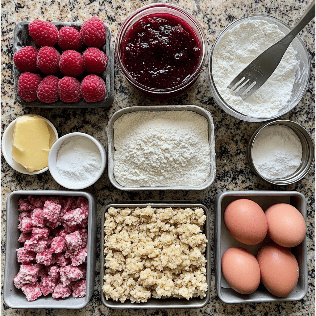 Flour, butter, sugars, eggs, vanilla, and raspberry jam for crumb bars