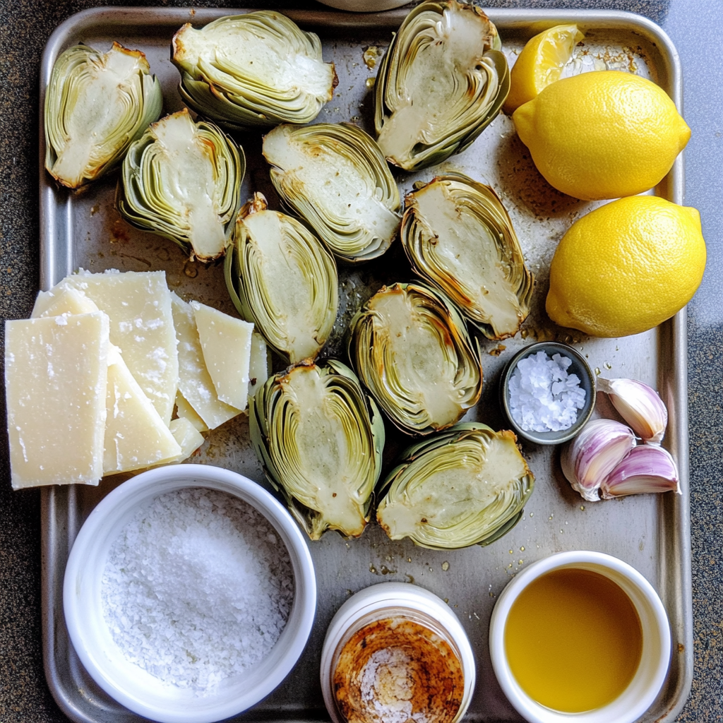 Ingredients for roasted artichokes including artichokes, lemon, garlic, and olive oil