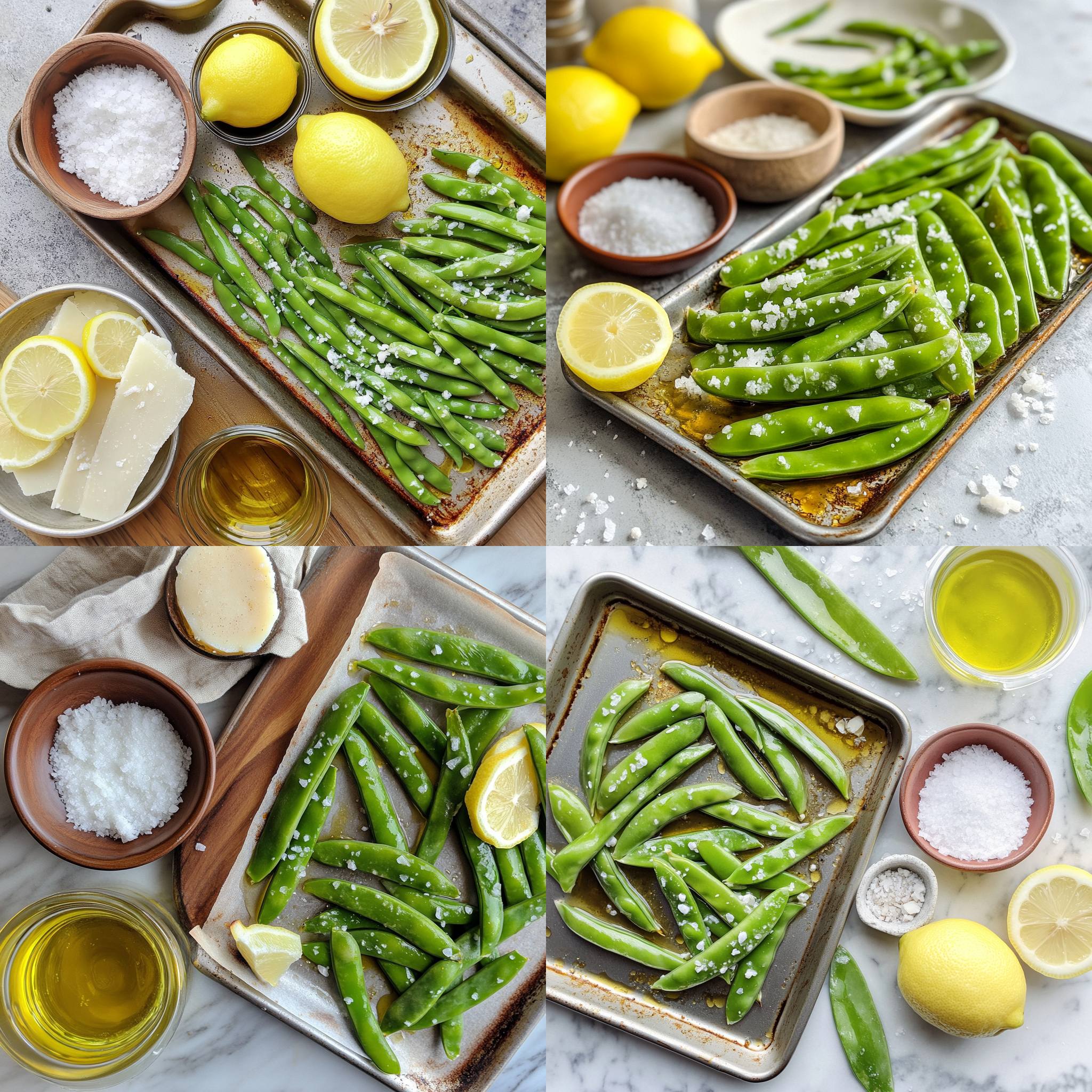 Ingredients for roasted sugar snap peas including snap peas, olive oil, lemon, and seasonings
