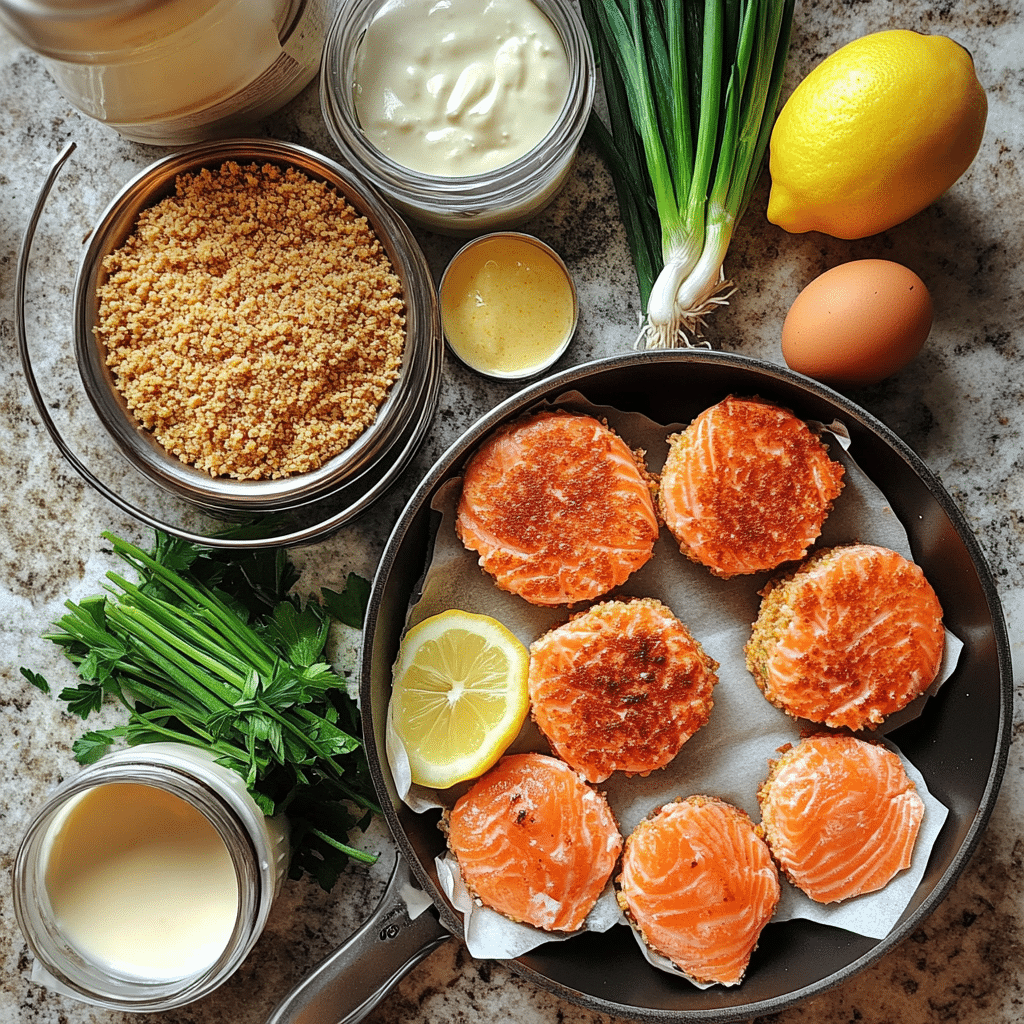 Ingredients for salmon cakes including salmon, breadcrumbs, eggs, and lemon