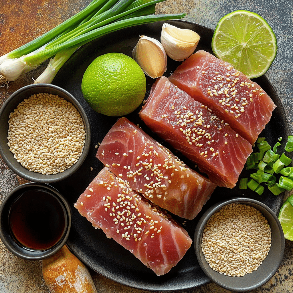 Ingredients for seared ahi tuna including tuna steaks, sesame seeds, soy sauce, and lime