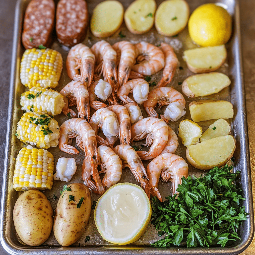Ingredients for sheet pan shrimp boil including shrimp, potatoes, corn, lemon, and seasoning