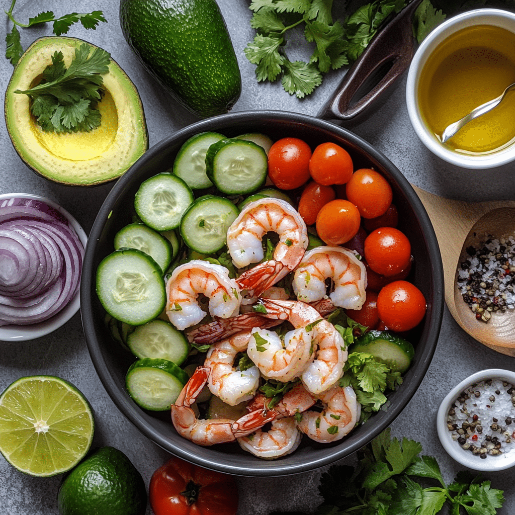 Ingredients for shrimp avocado salad including shrimp, avocados, tomatoes, cucumber, and lime