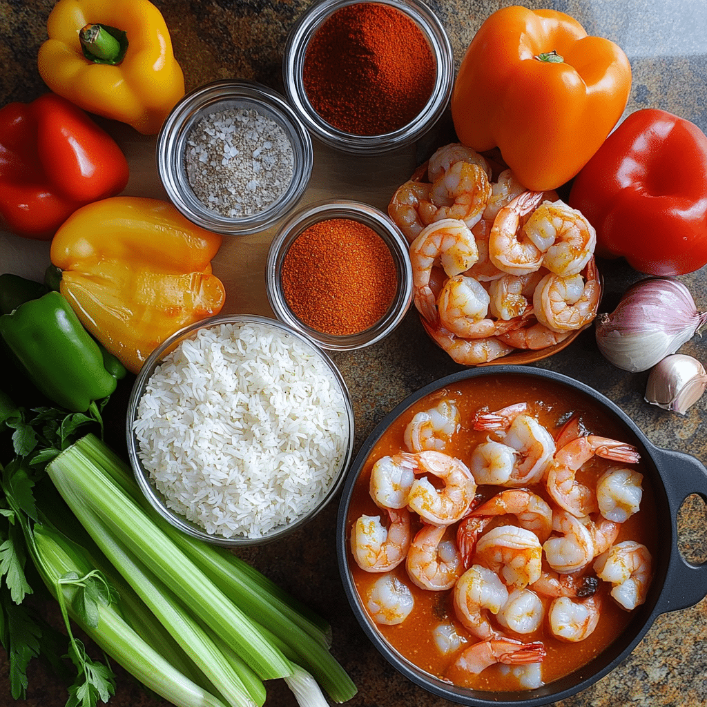 Shrimp, crushed tomatoes, peppers, onion, celery, garlic, broth, and seasonings for shrimp creole