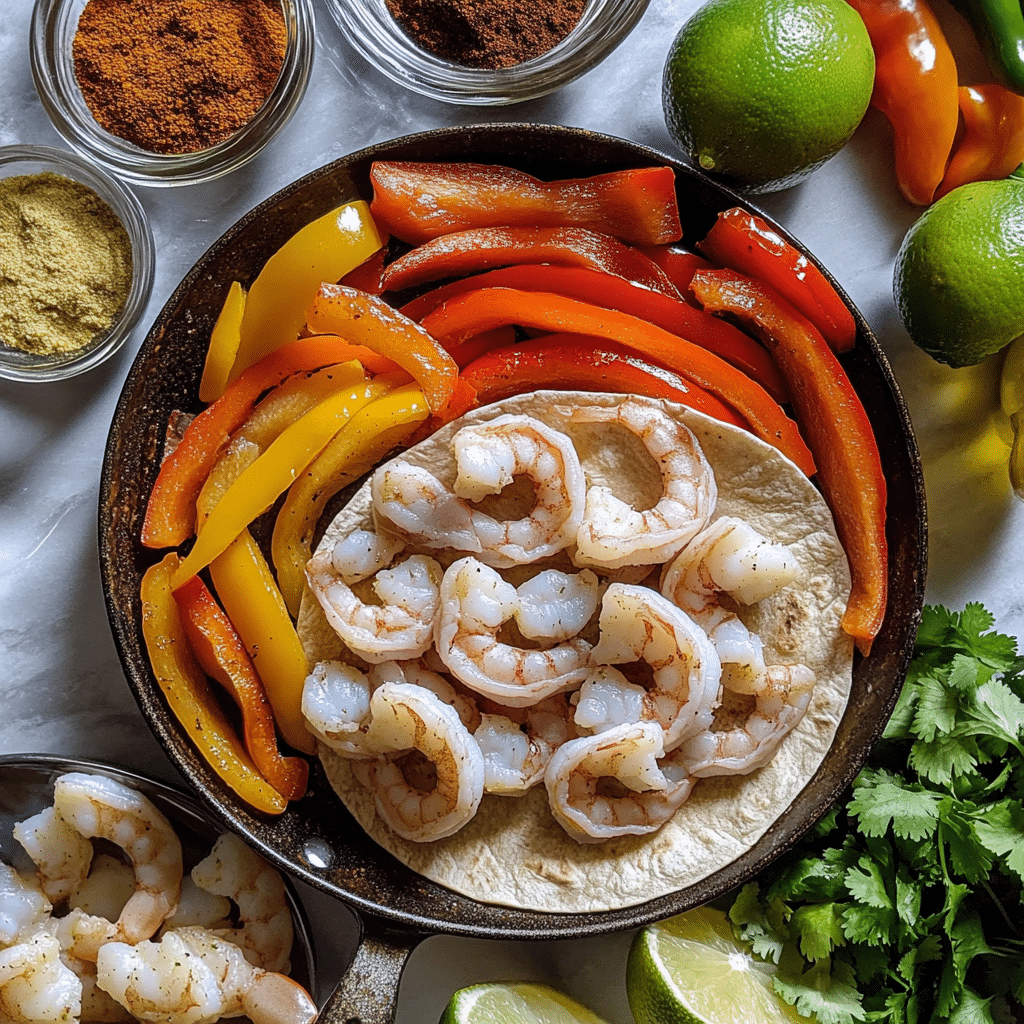 Ingredients for shrimp fajitas including shrimp, bell peppers, onion, lime, and spices
