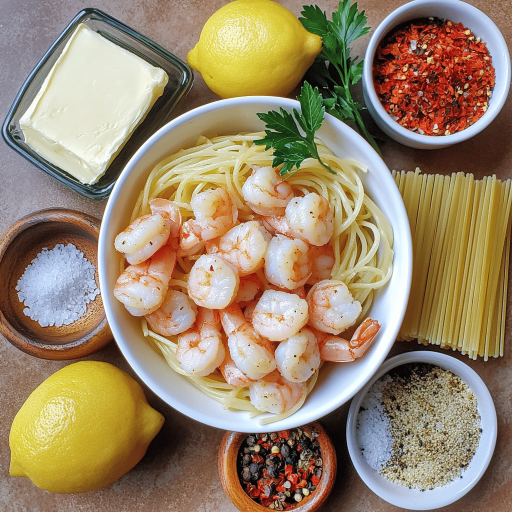 Shrimp, garlic, butter, broth, lemon, and parsley for shrimp scampi