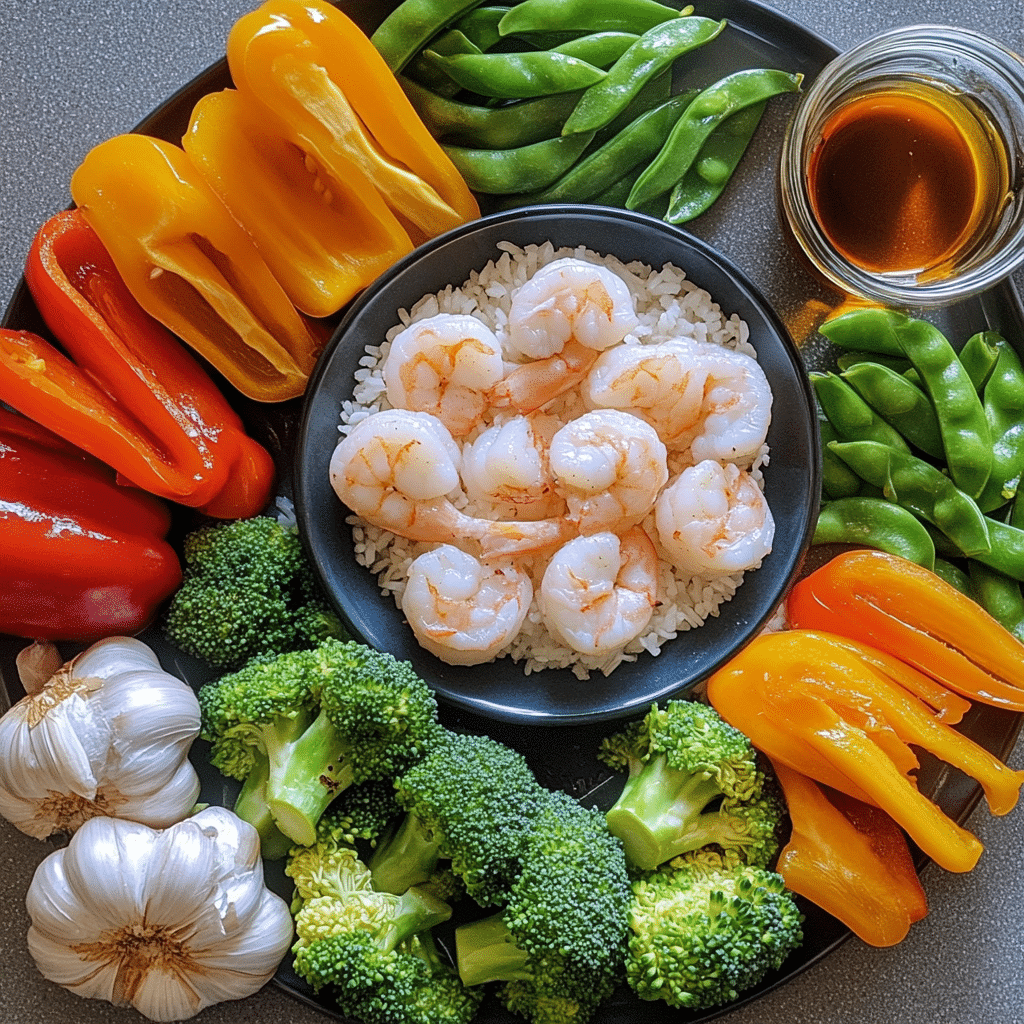 Ingredients for shrimp stir fry including shrimp, broccoli, peppers, and sauce ingredients