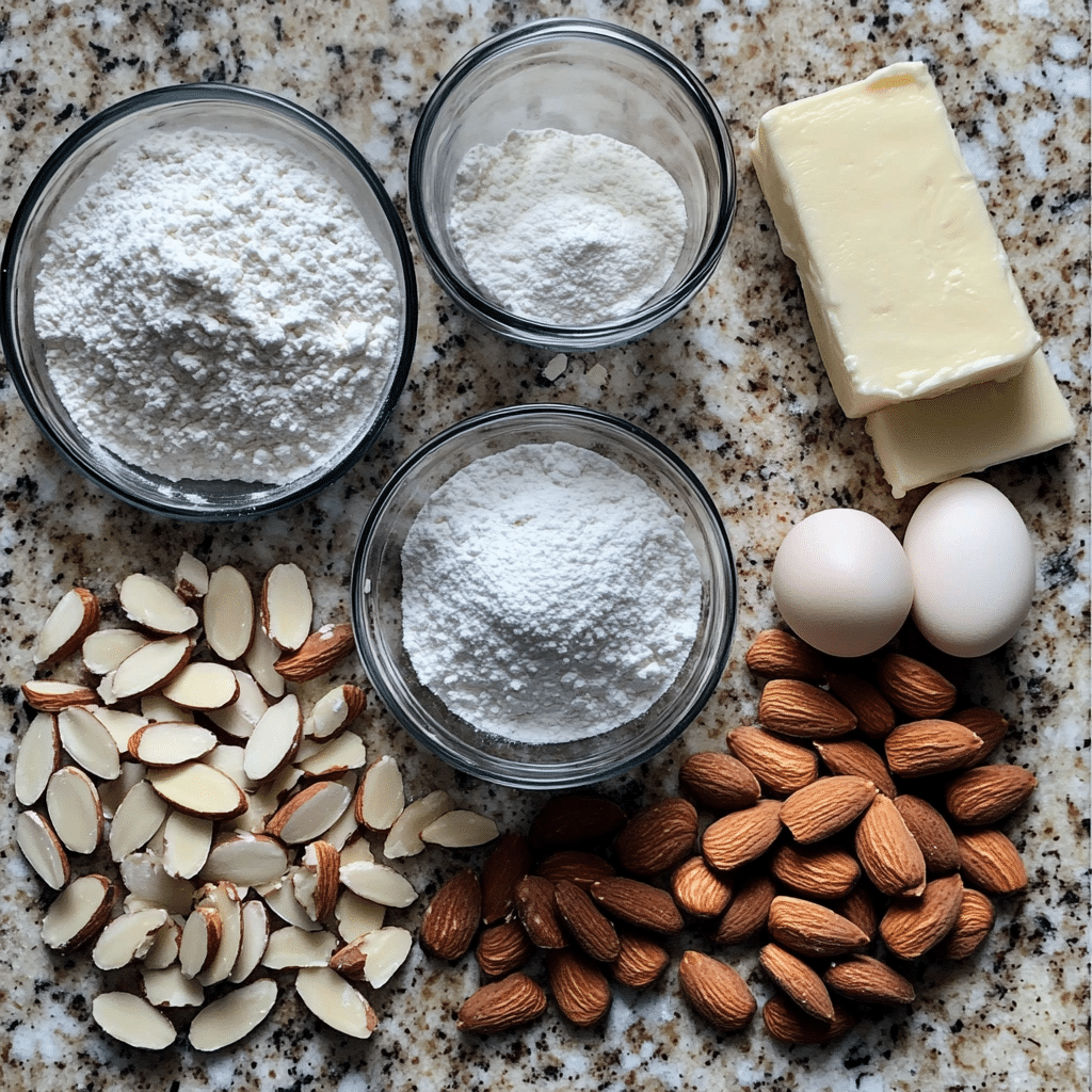 Flour, butter, sugar, eggs, almond extract, powdered sugar, and sliced almonds for almond cookies