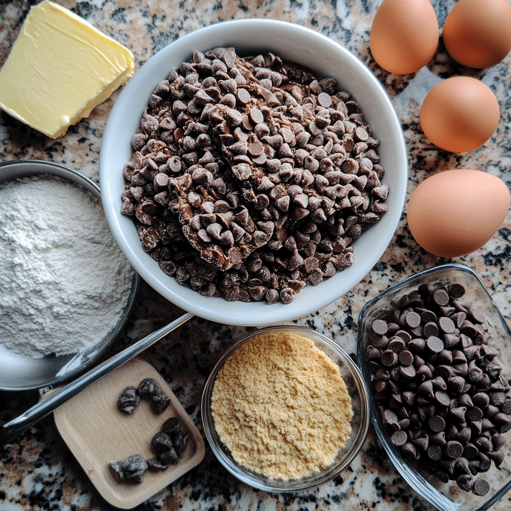 Flour, butter, brown sugar, eggs, vanilla, and chocolate chips for soft cookies