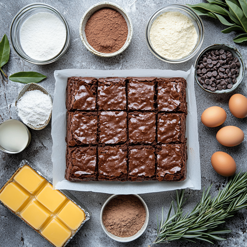 Stack of sourdough brownies with a shiny crackly top and gooey center