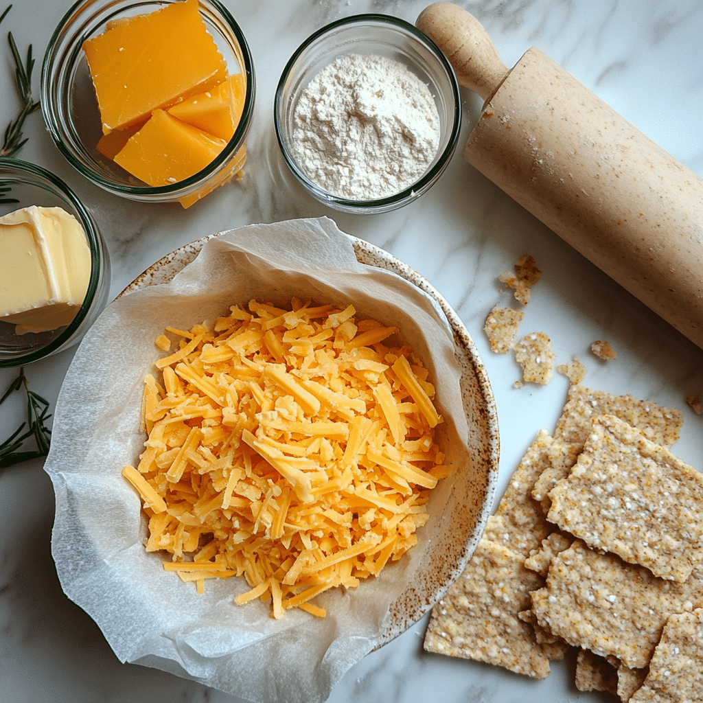 Sourdough discard, cheddar, butter, flour, salt, and spices arranged for cheese crackers