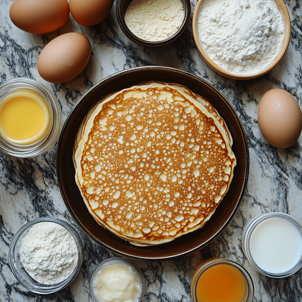 Sourdough discard, flour, eggs, milk, butter, and leaveners arranged for pancakes