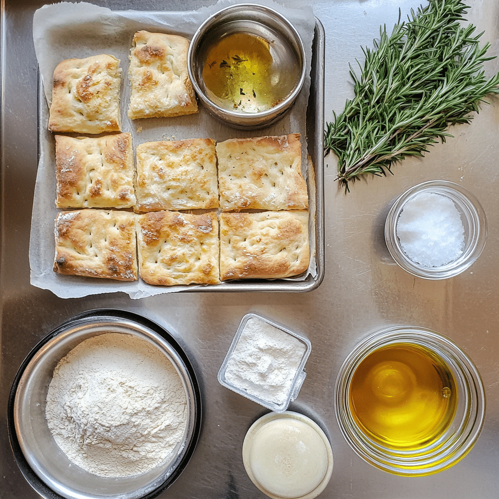 Sourdough starter, bread flour, water, olive oil, salt, and rosemary for sourdough focaccia