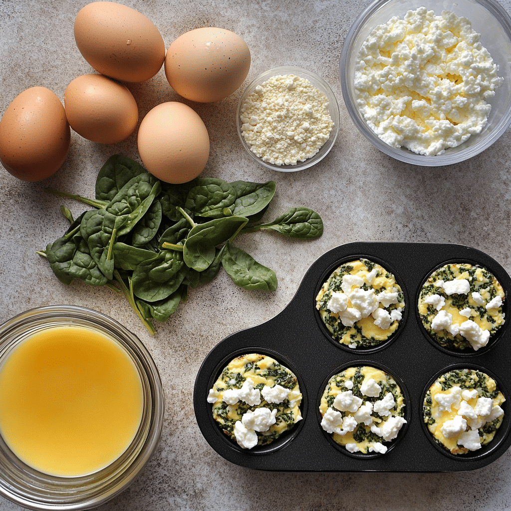 Eggs, cottage cheese, spinach, and feta for egg bites with a muffin pan