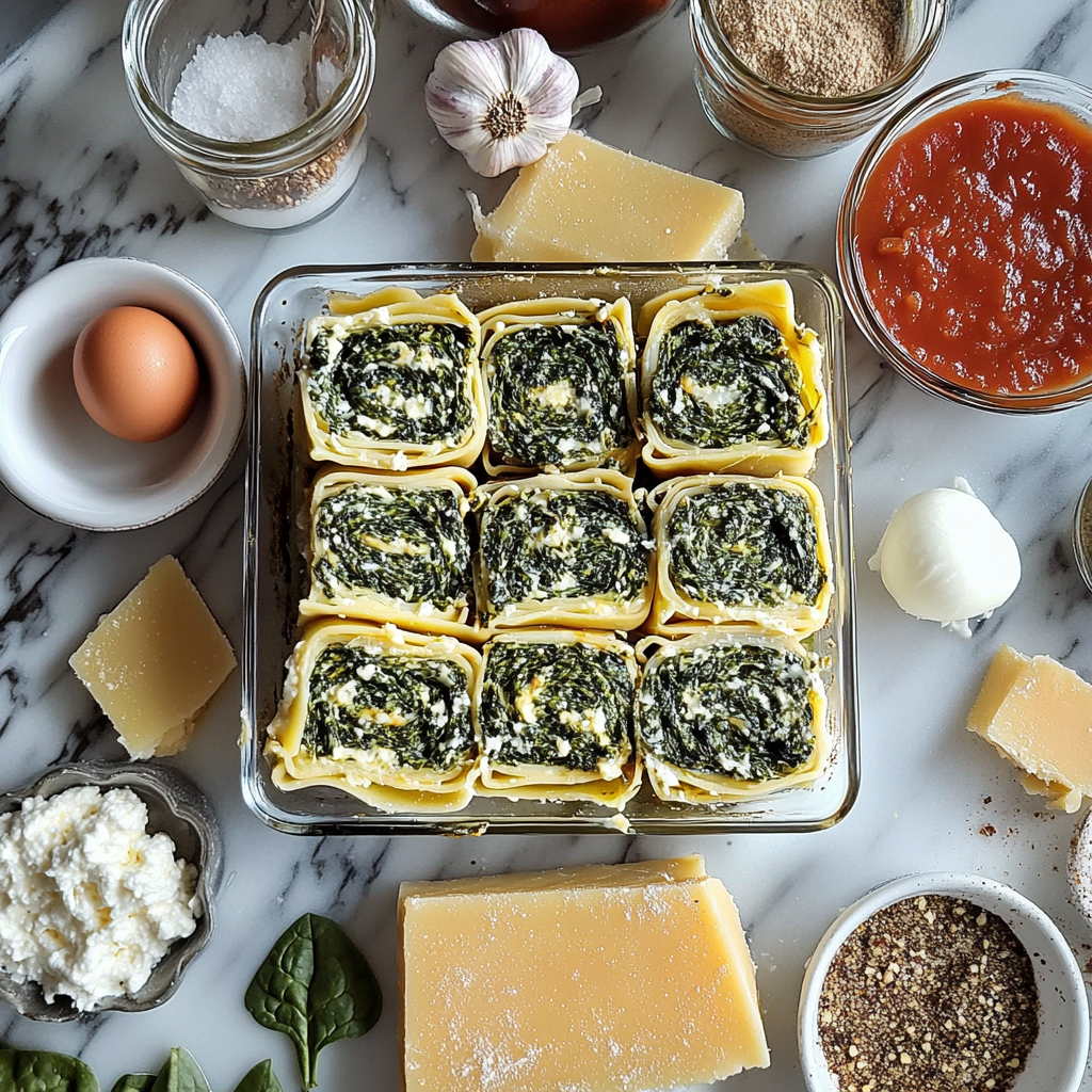 Ingredients for spinach lasagna roll ups including noodles, spinach, ricotta, and marinara