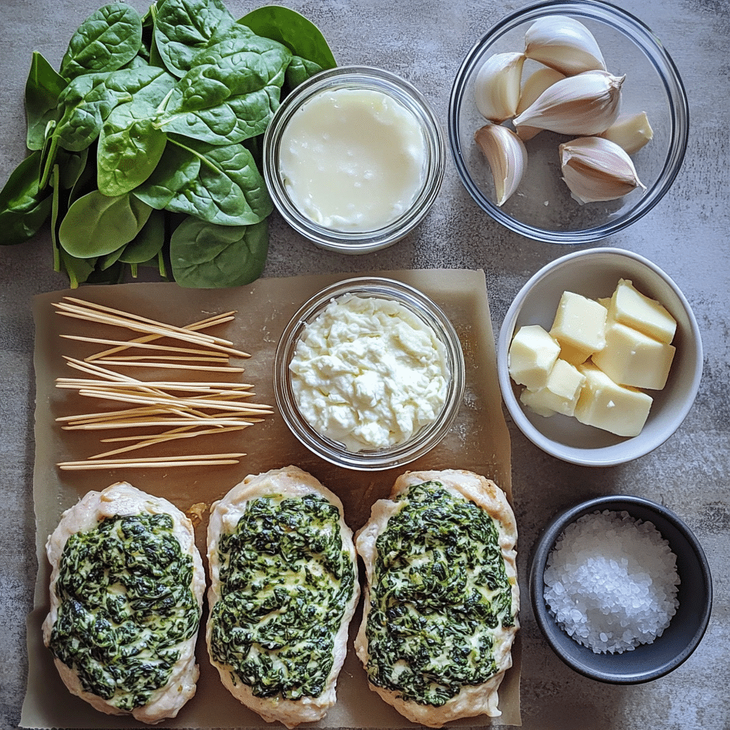 Ingredients for spinach stuffed chicken including spinach and cream cheese