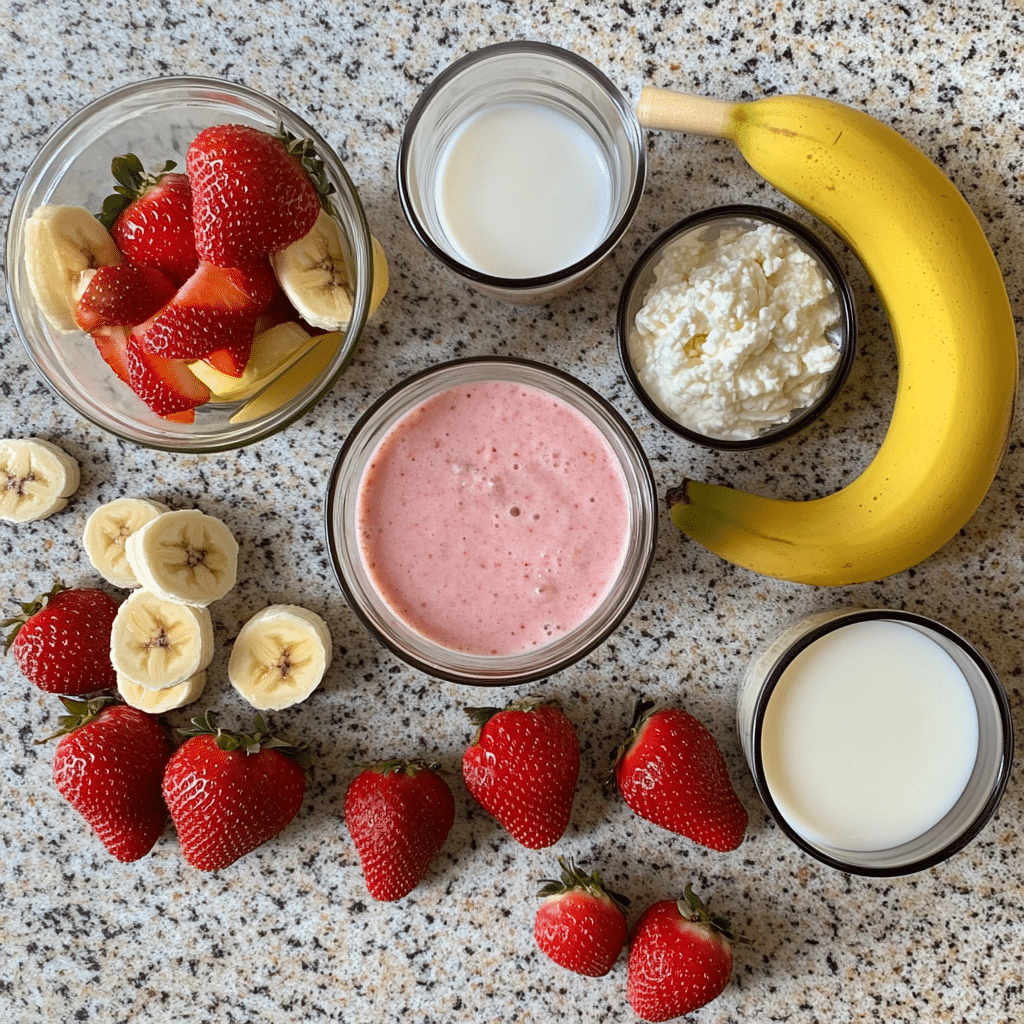 Frozen strawberries, banana, yogurt, and blender for smoothie
