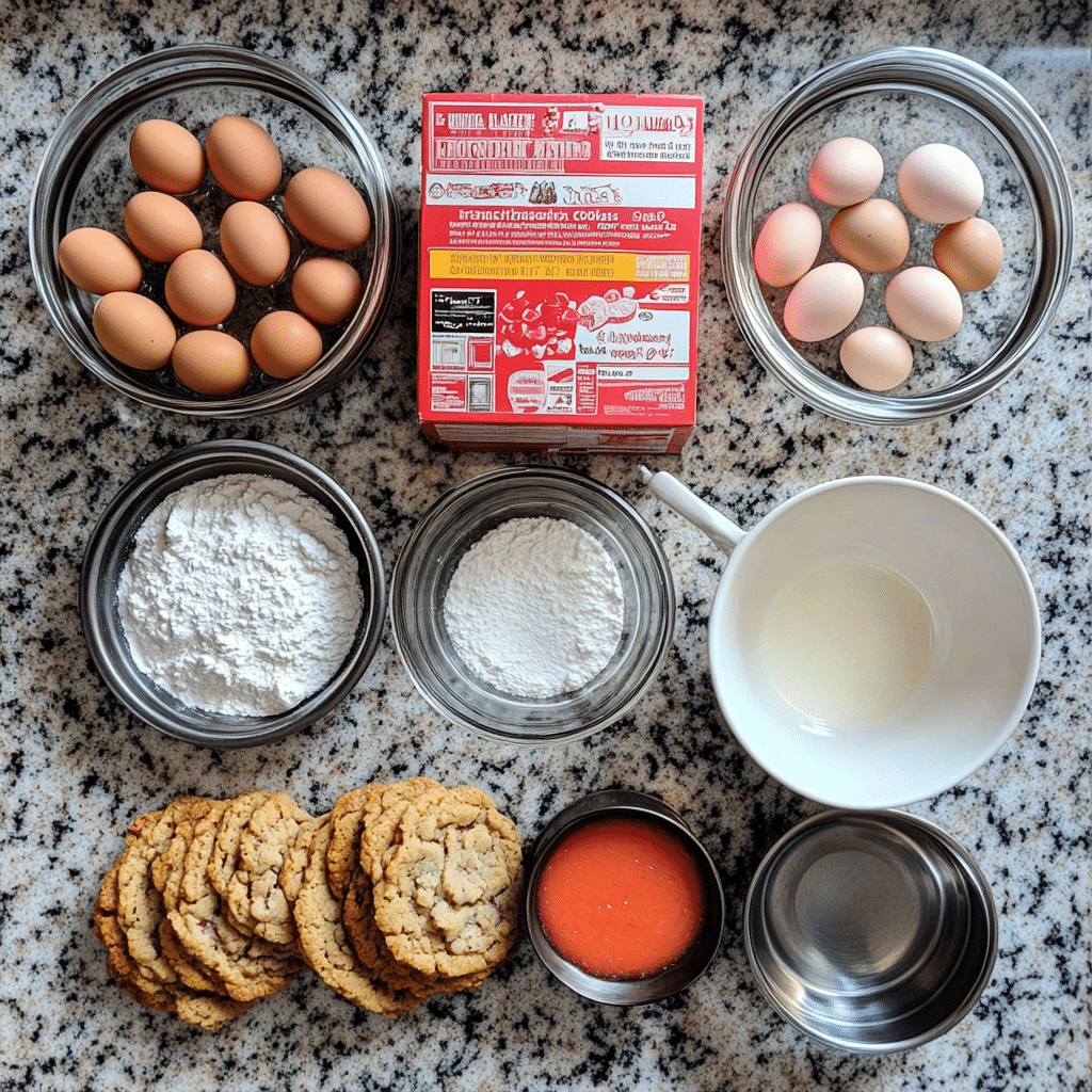 Strawberry cake mix, eggs, oil, and baking sheet for cake mix cookies