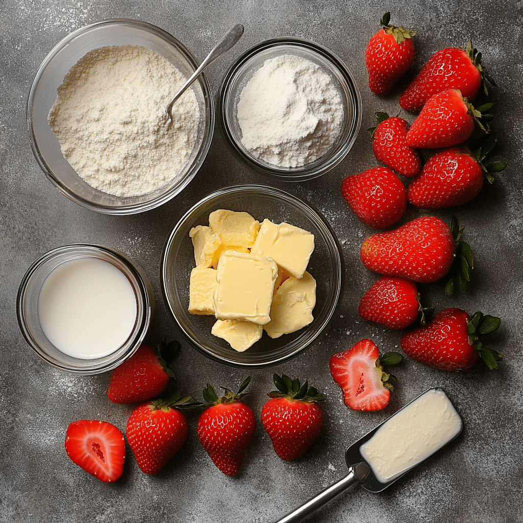 Strawberries, flour, butter, baking powder, milk, and cream for strawberry shortcake