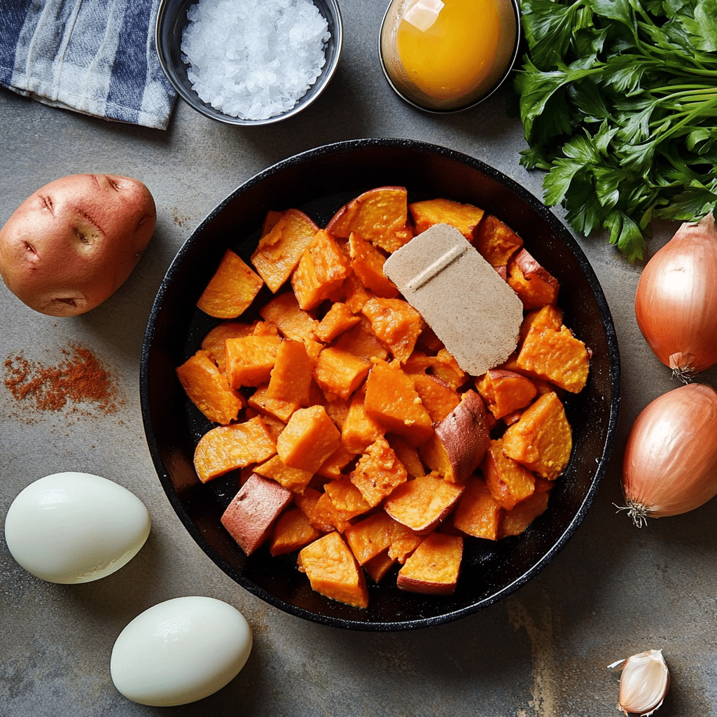 Sweet potatoes, peppers, onion, spices, and skillet for sweet potato hash