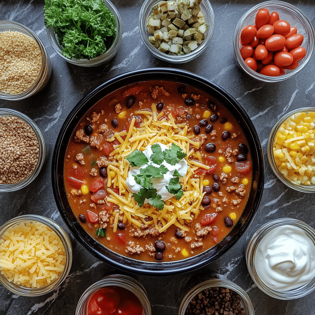 Ground turkey, tomatoes, beans, corn, taco seasoning, broth, and toppings for taco soup