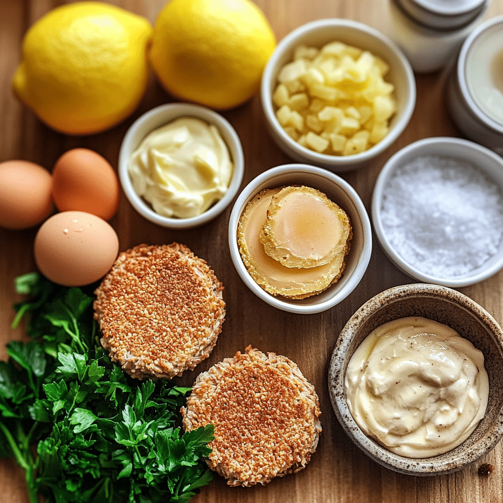 Ingredients for tuna patties including canned tuna, eggs, breadcrumbs, and seasonings