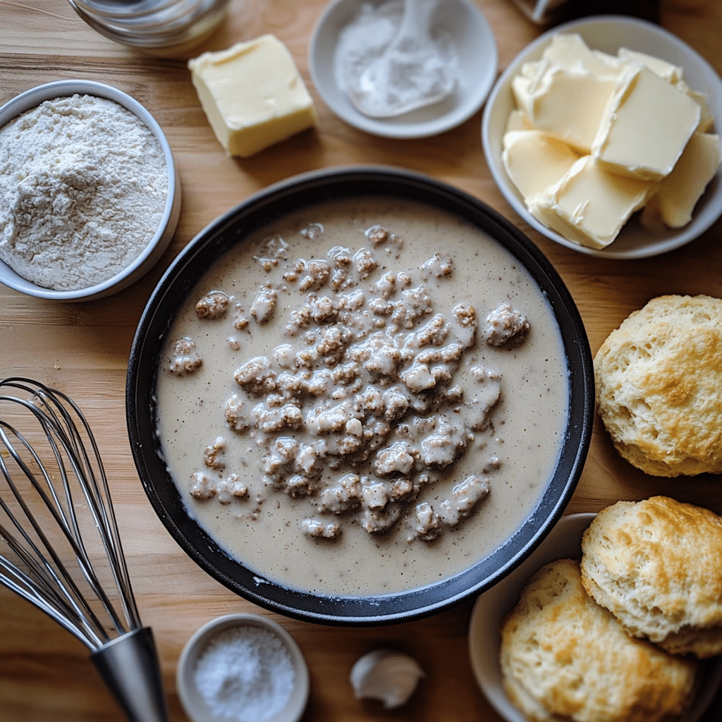 Turkey sausage, flour, milk, and biscuits for biscuits and gravy