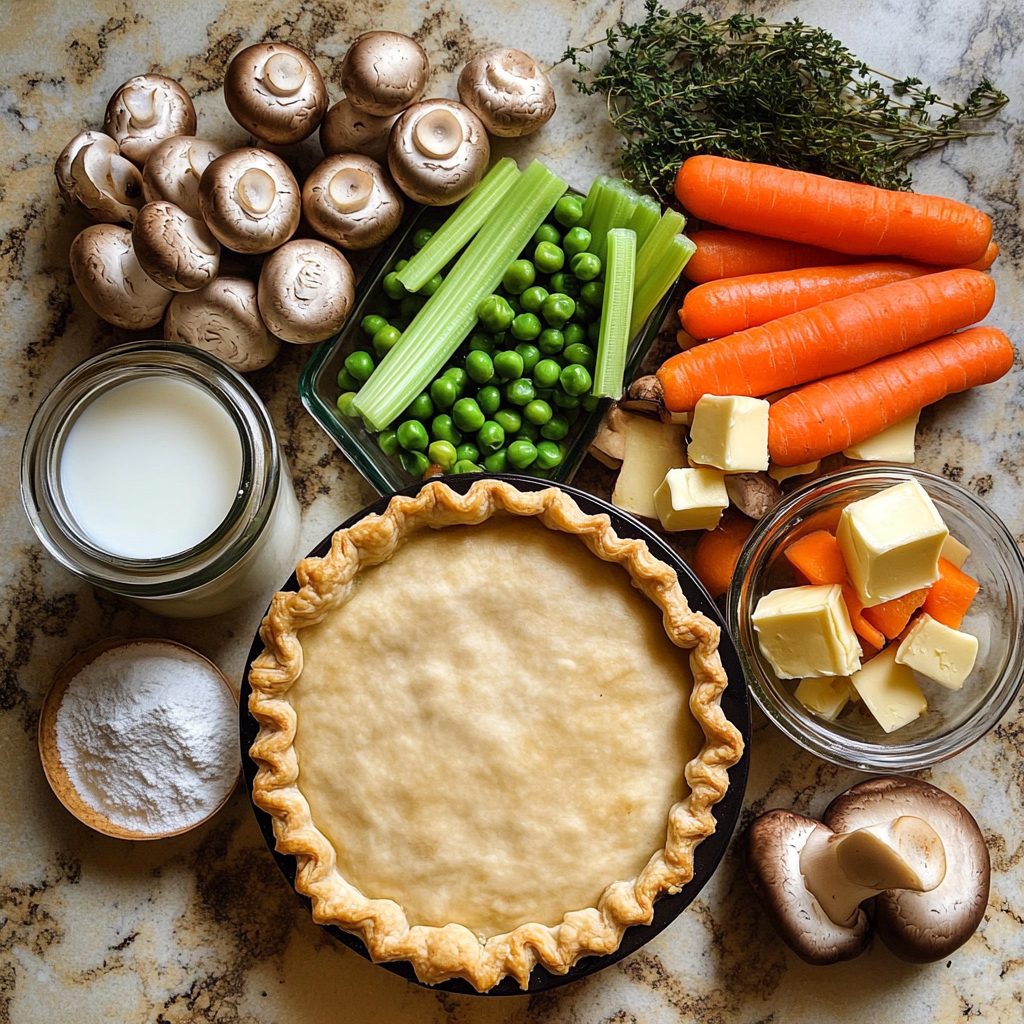Ingredients for vegetarian pot pie including vegetables, pie crust, broth, and milk