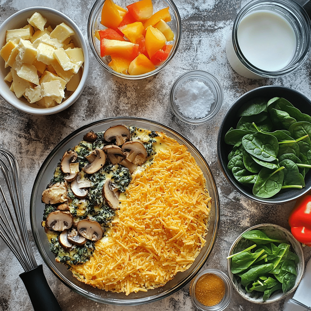 Eggs, vegetables, cheese, and baking dish for veggie breakfast casserole