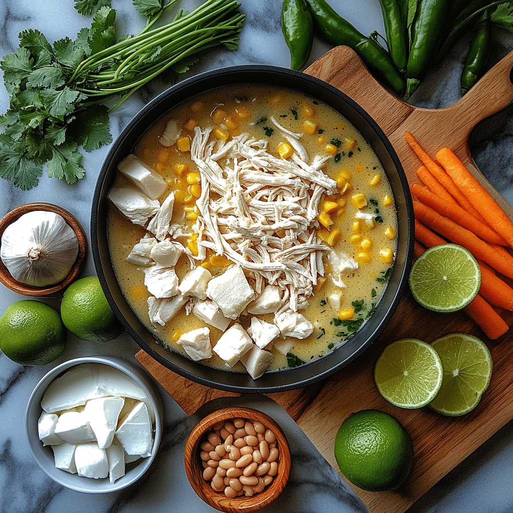 Chicken pieces, white beans, green chiles, broth, spices, and cream cheese for white chicken chili