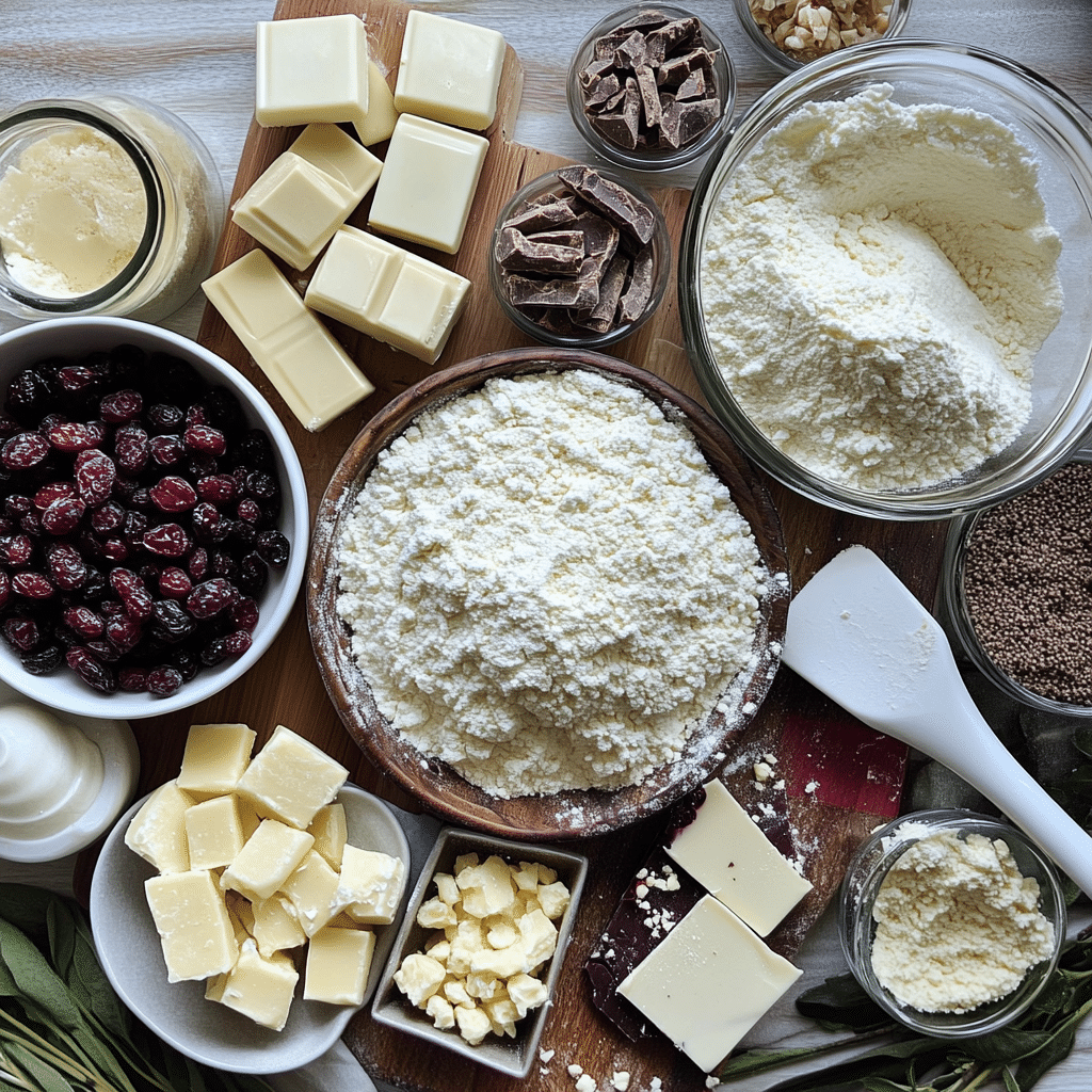 Flour, butter, sugars, eggs, vanilla, white chocolate chips, and dried cranberries for cookies