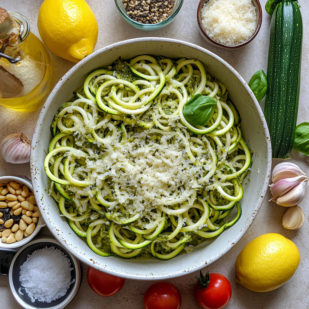 Ingredients for zucchini noodles with pesto including zucchini, basil, garlic, and olive oil