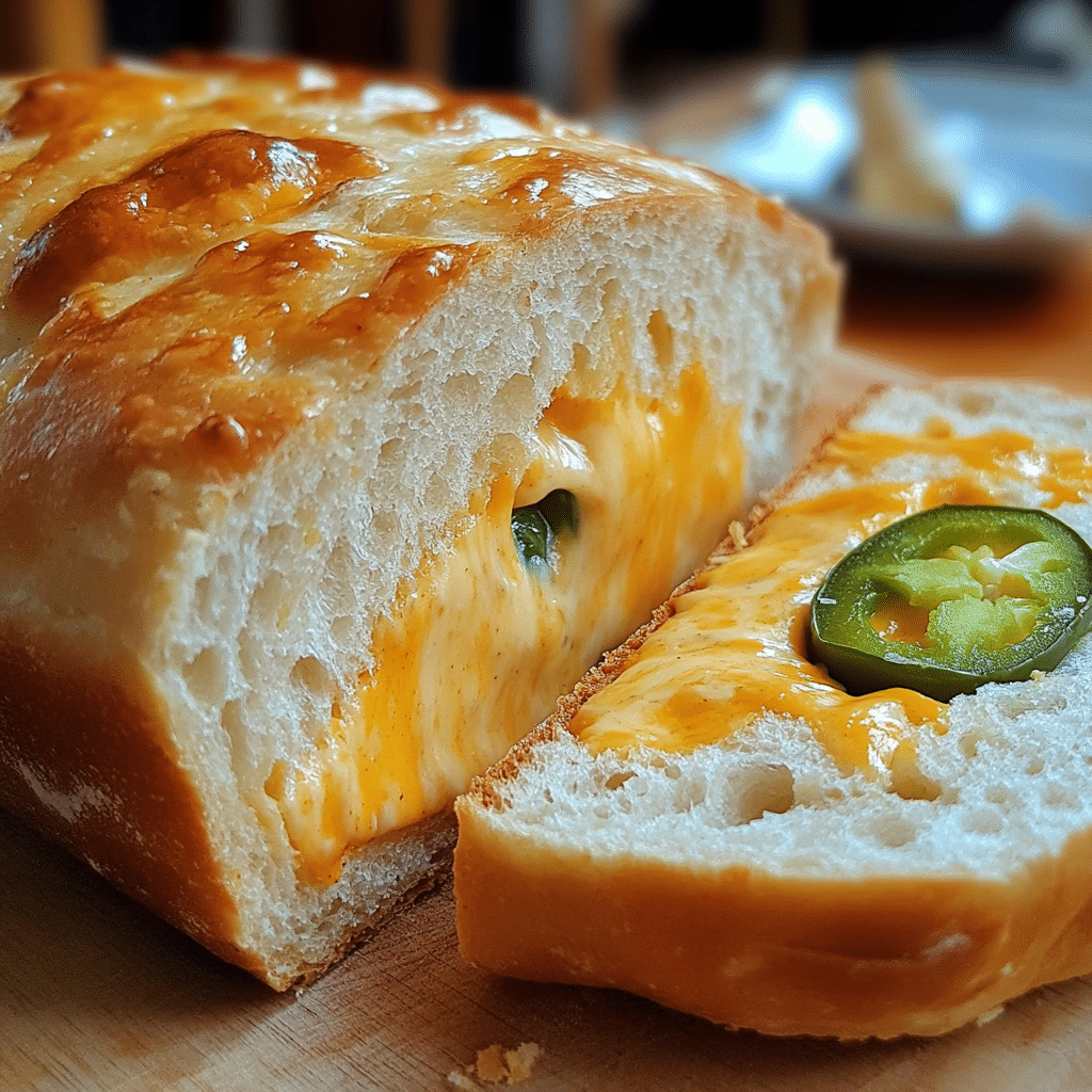 Jalapeño cheddar sourdough loaf sliced showing cheddar pockets and jalapeño pieces