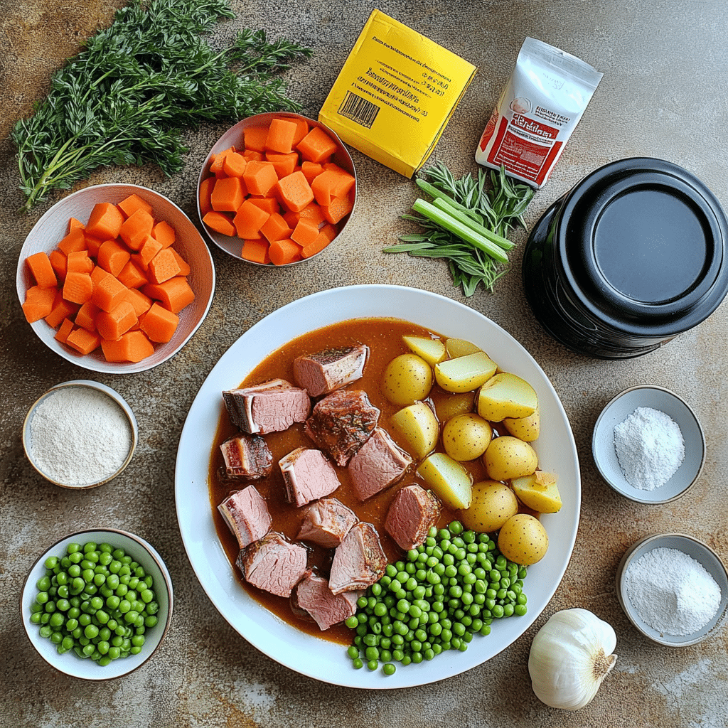 ingredients for lamb stew including lamb potatoes carrots onion broth and herbs