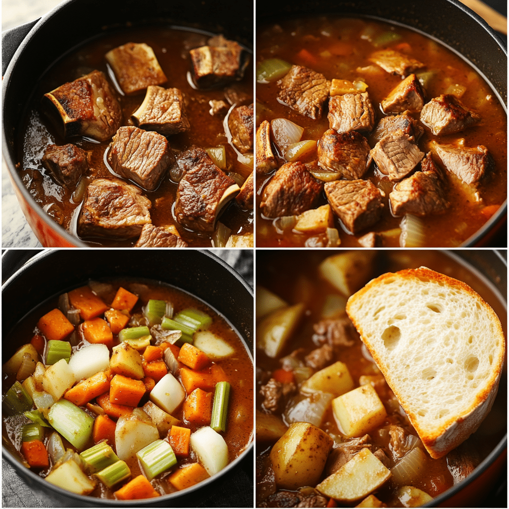 four panel collage showing steps to make lamb stew