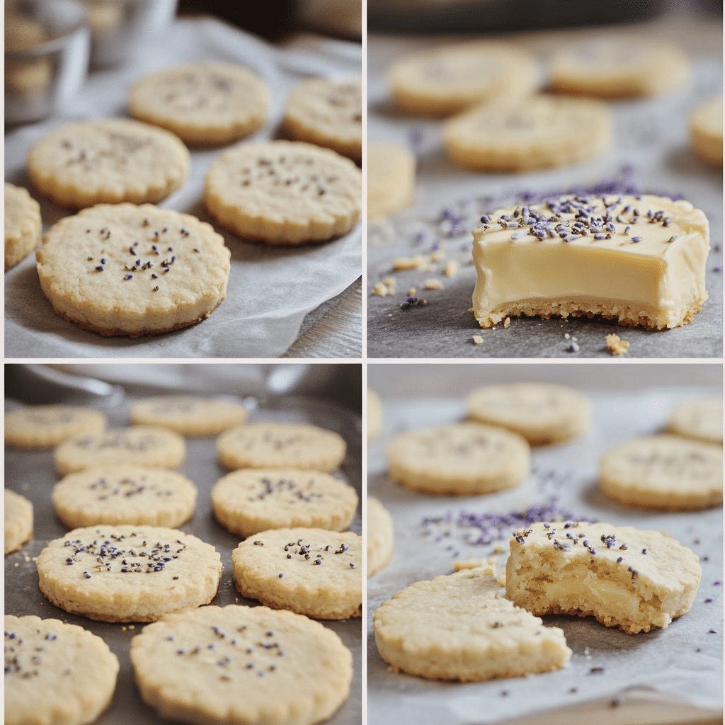 Four panel collage showing mixing, chilling, cutting, baking, and cooling lavender shortbread cookies