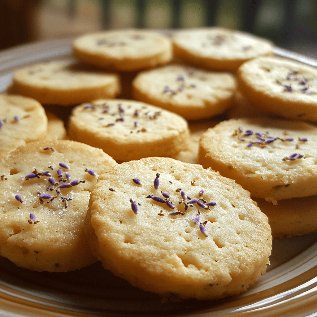 Lavender shortbread cookies with tiny lavender buds on a plate