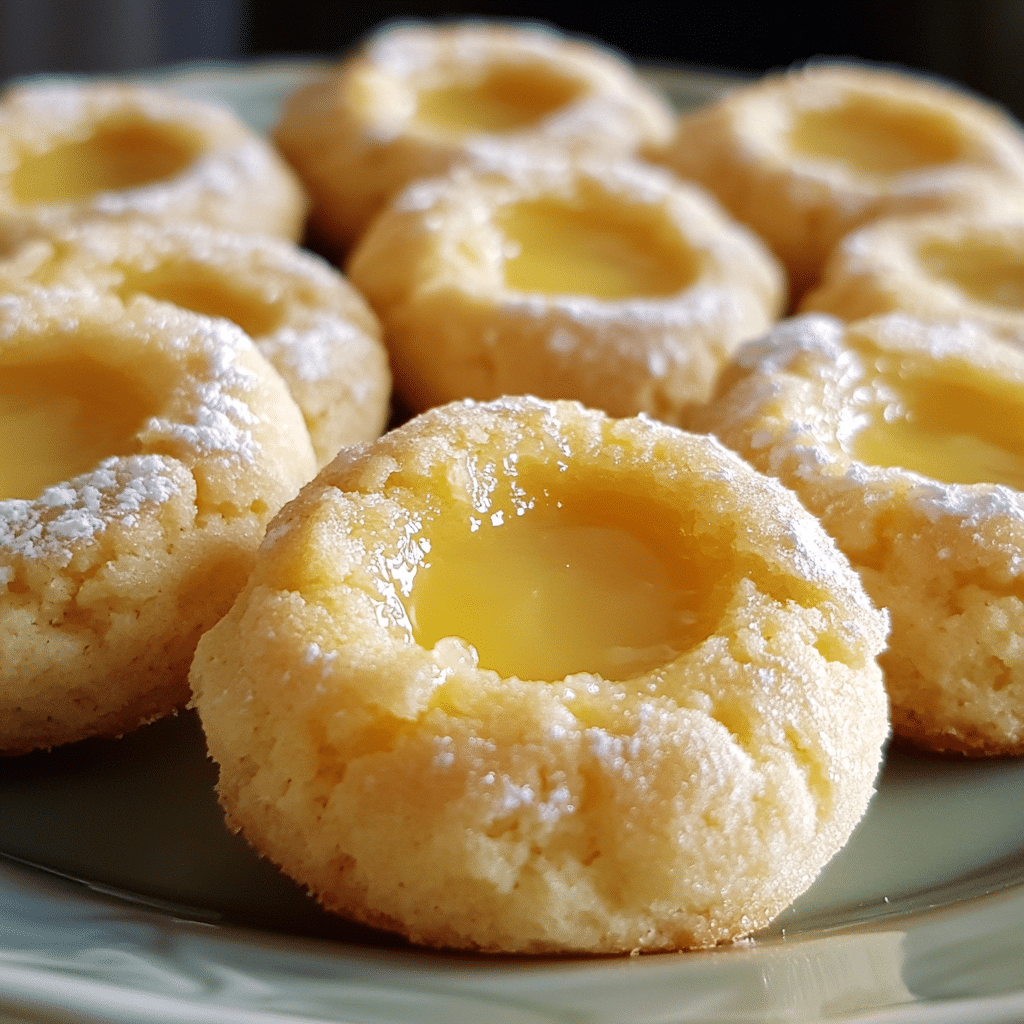 Lemon curd thumbprint cookies with yellow centers on a plate