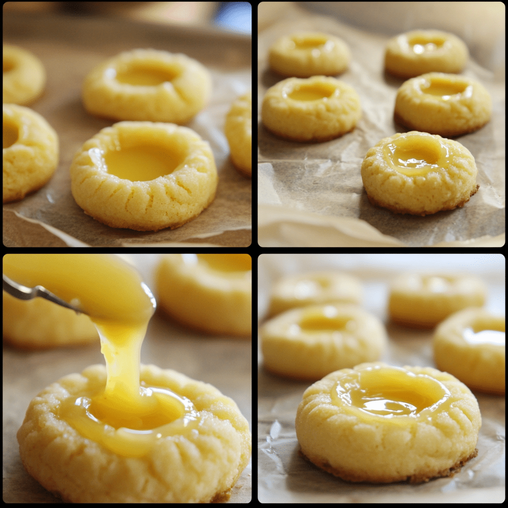 Four panel collage showing shaping thumbprints, filling with lemon curd, and baked cookies cooling