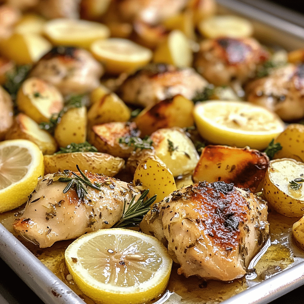 Sheet pan lemon herb chicken pieces with roasted potatoes and lemon slices