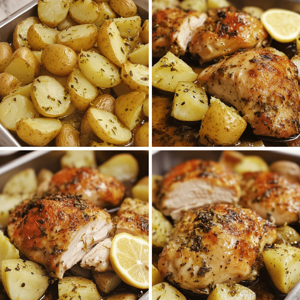 Four panel collage showing steps to make lemon herb chicken and potatoes