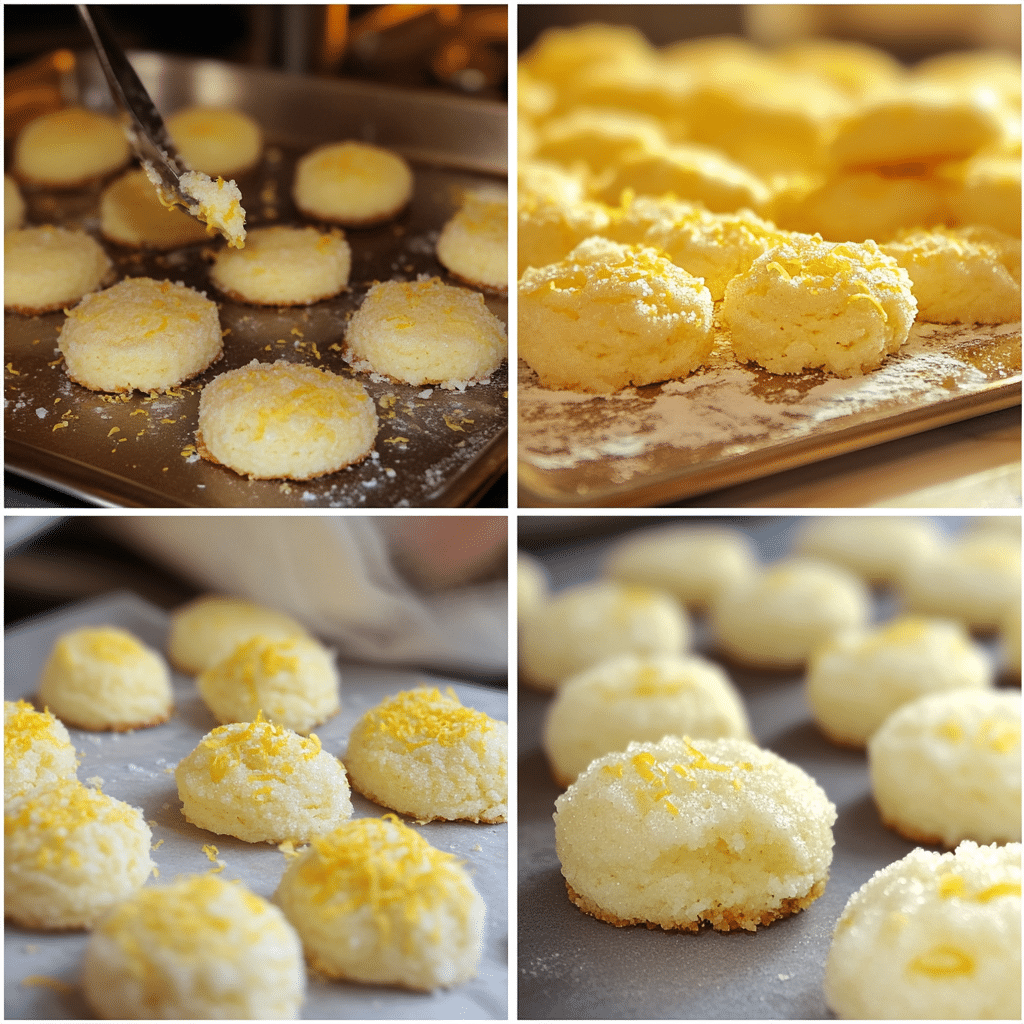 Four panel collage showing lemon sugar cookie steps from mixing to glazing