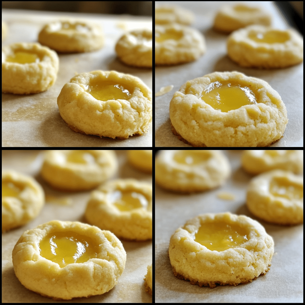 Four panel collage showing shaping thumbprints, filling with lemon curd, and baked cookies cooling