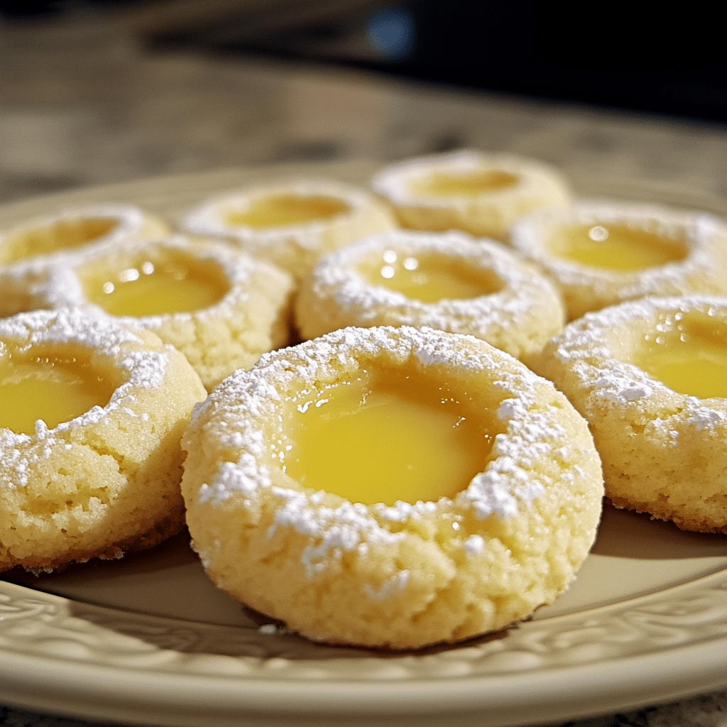 Lemon thumbprint cookies with lemon curd centers on a plate