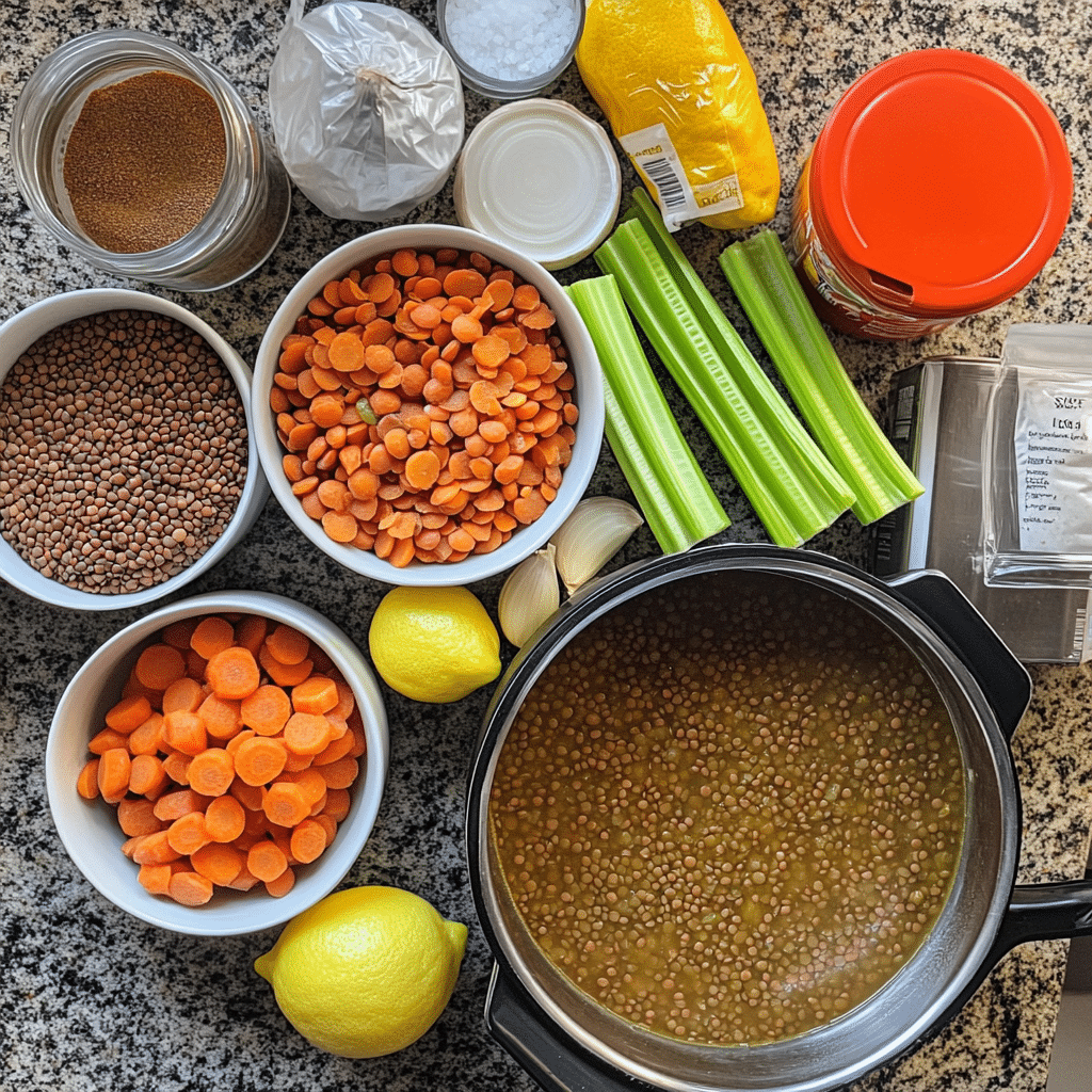 ingredients for lentil soup including lentils carrots celery tomatoes broth and spices