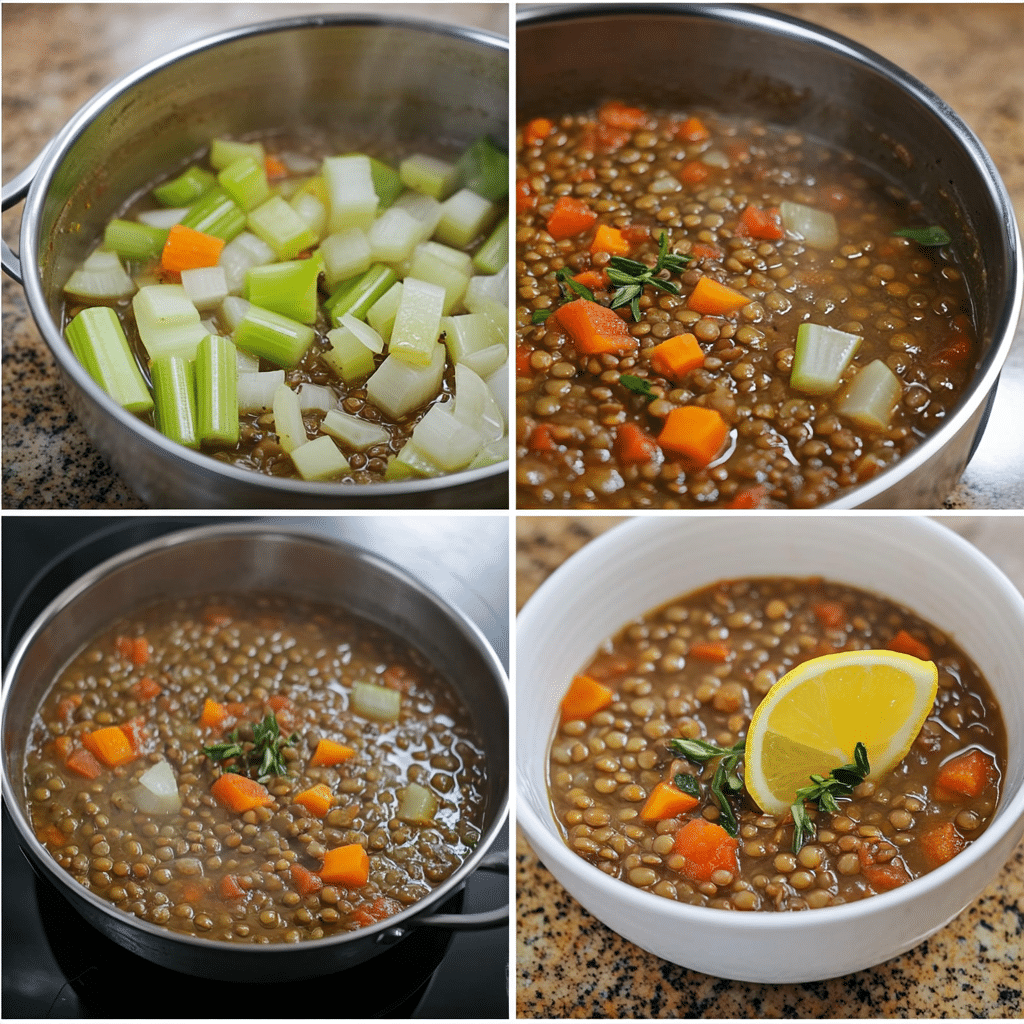 four panel collage showing steps to make lentil soup