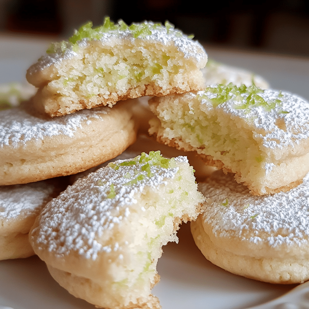 Lime meltaway cookies dusted with powdered sugar on a plate