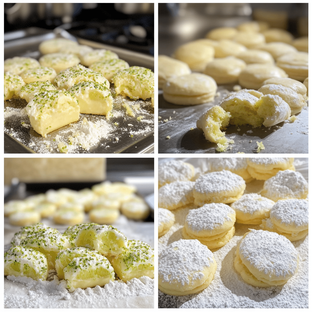 Four panel collage showing mixing, chilling, slicing, baking, and coating lime meltaways