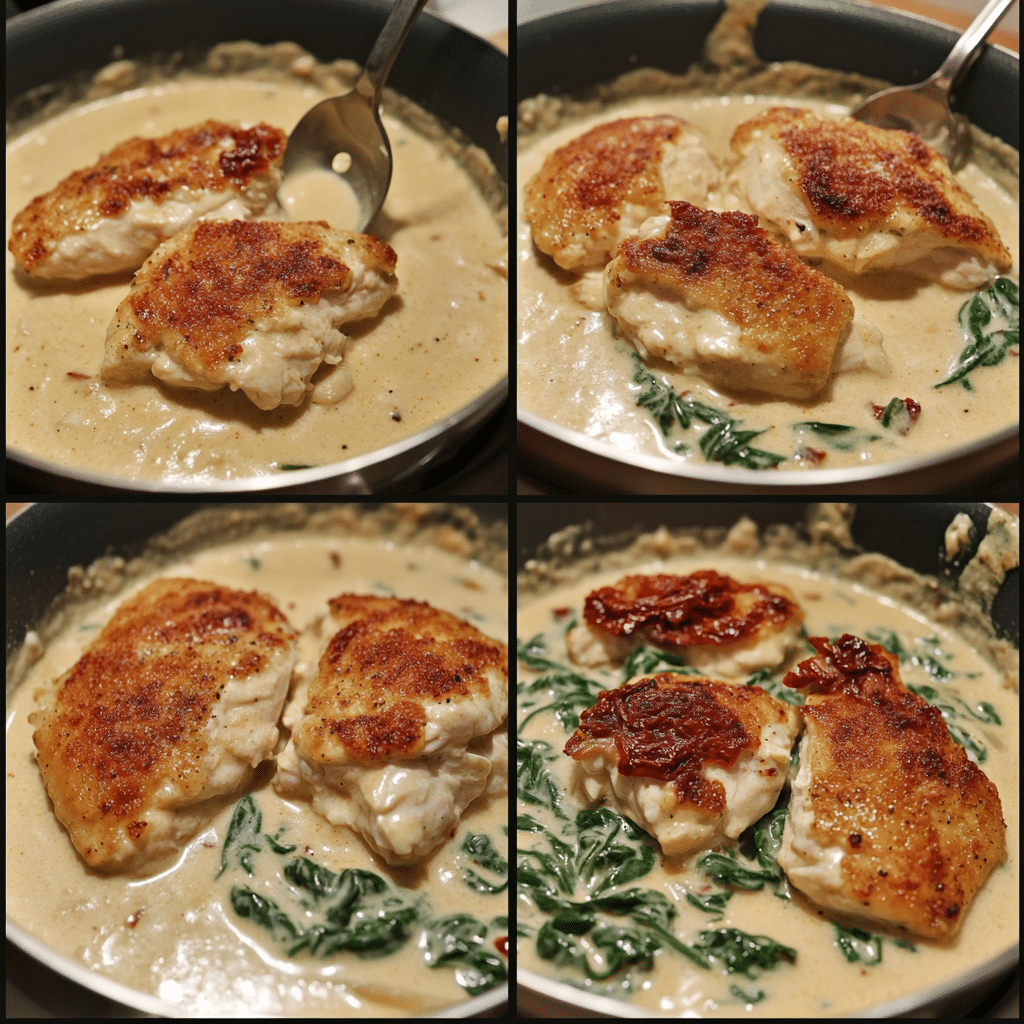 Four panel collage showing searing chicken, sautéing garlic and tomatoes, making cream sauce, and simmering chicken with spinach