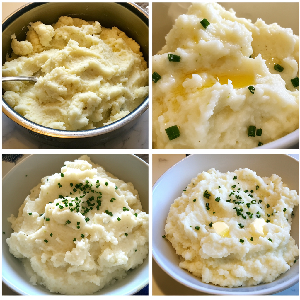 Four panel collage showing how to make mashed cauliflower from steaming to blending